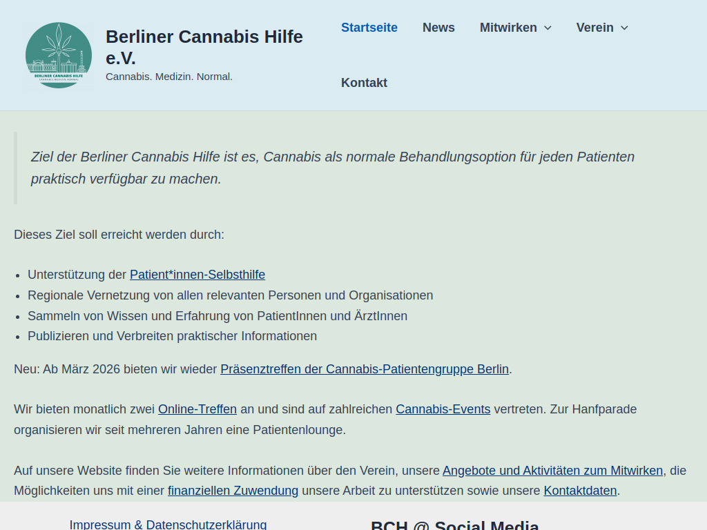Website von Berliner Cannabis Hilfe e.V. in Berlin