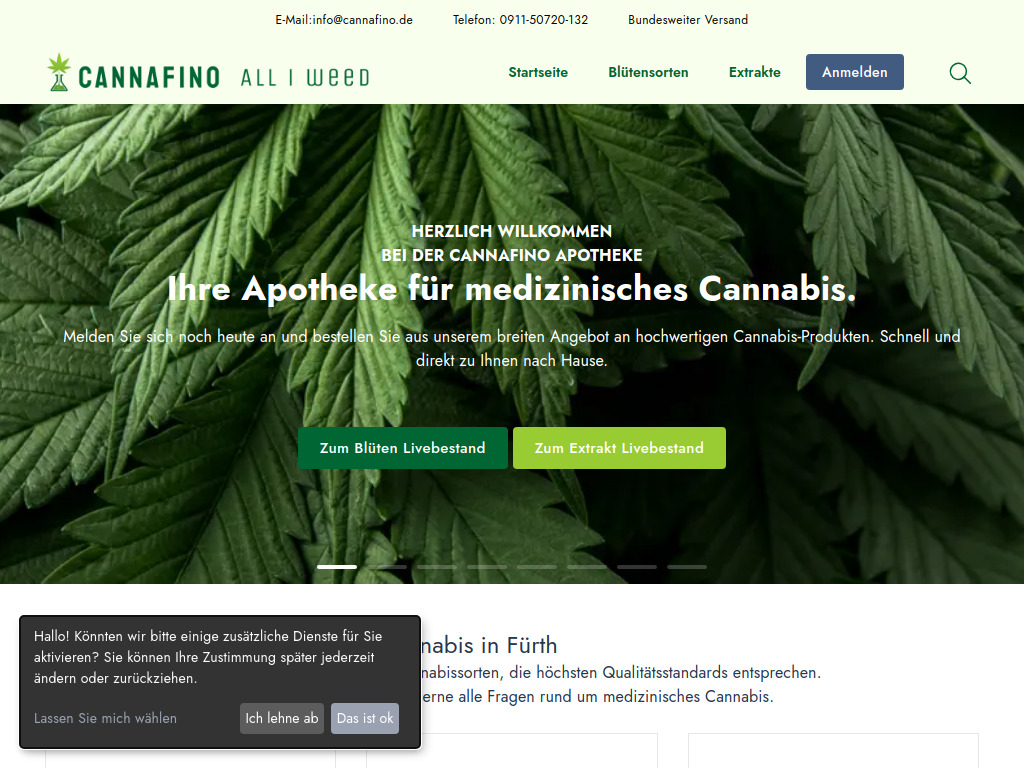Website von cannafino Apotheke in Fürth